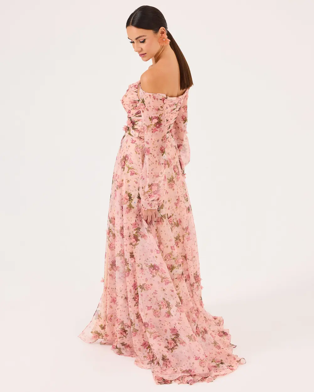 Flower Patterned Chiffon Evening Dress with Detachable Sleeves