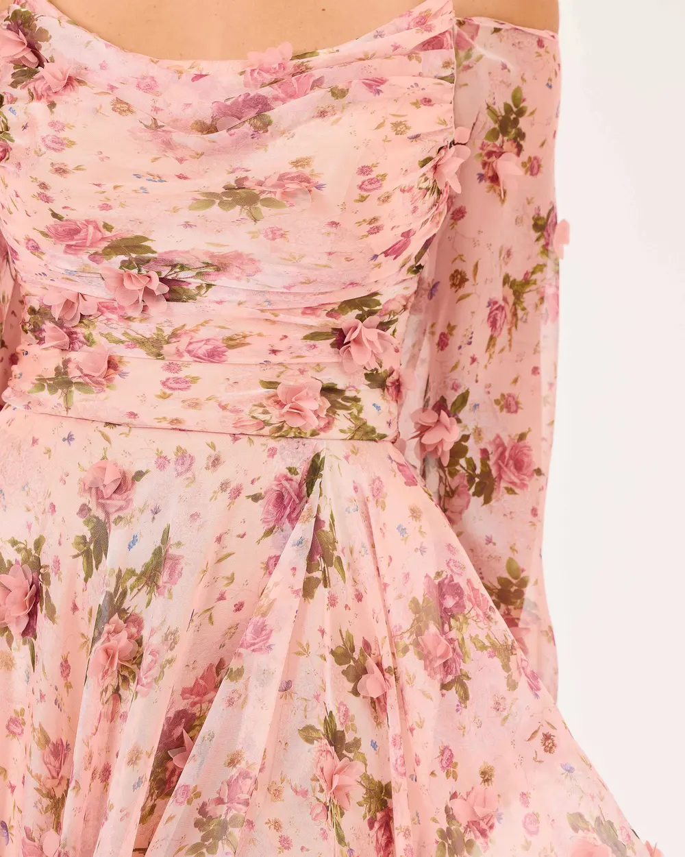 Flower Patterned Chiffon Evening Dress with Detachable Sleeves