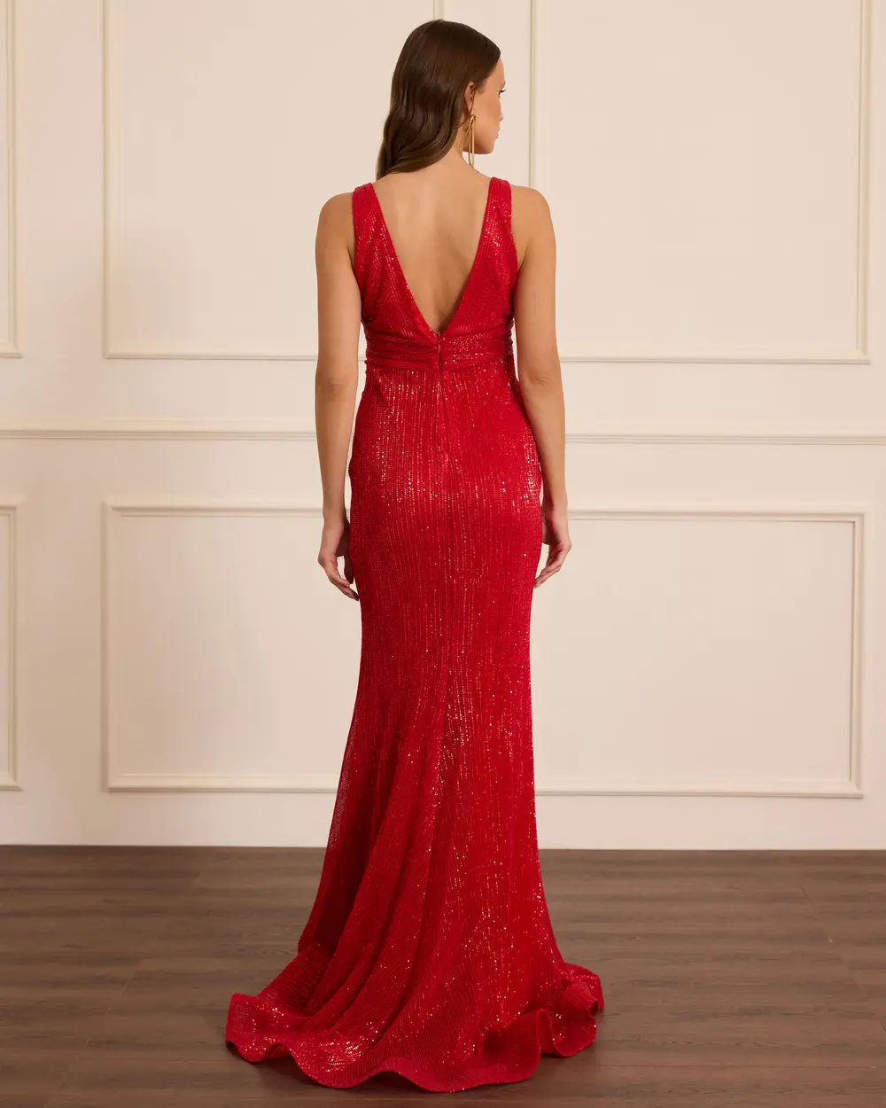 Draped V-Neck Sequin Evening Dress