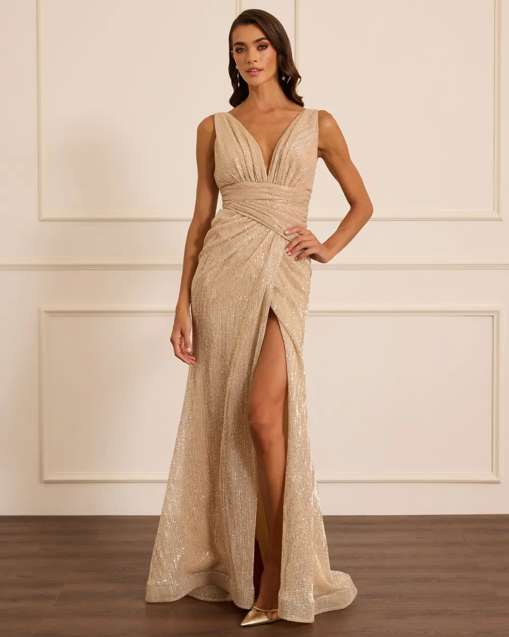 Draped V-Neck Sequin Evening Dress