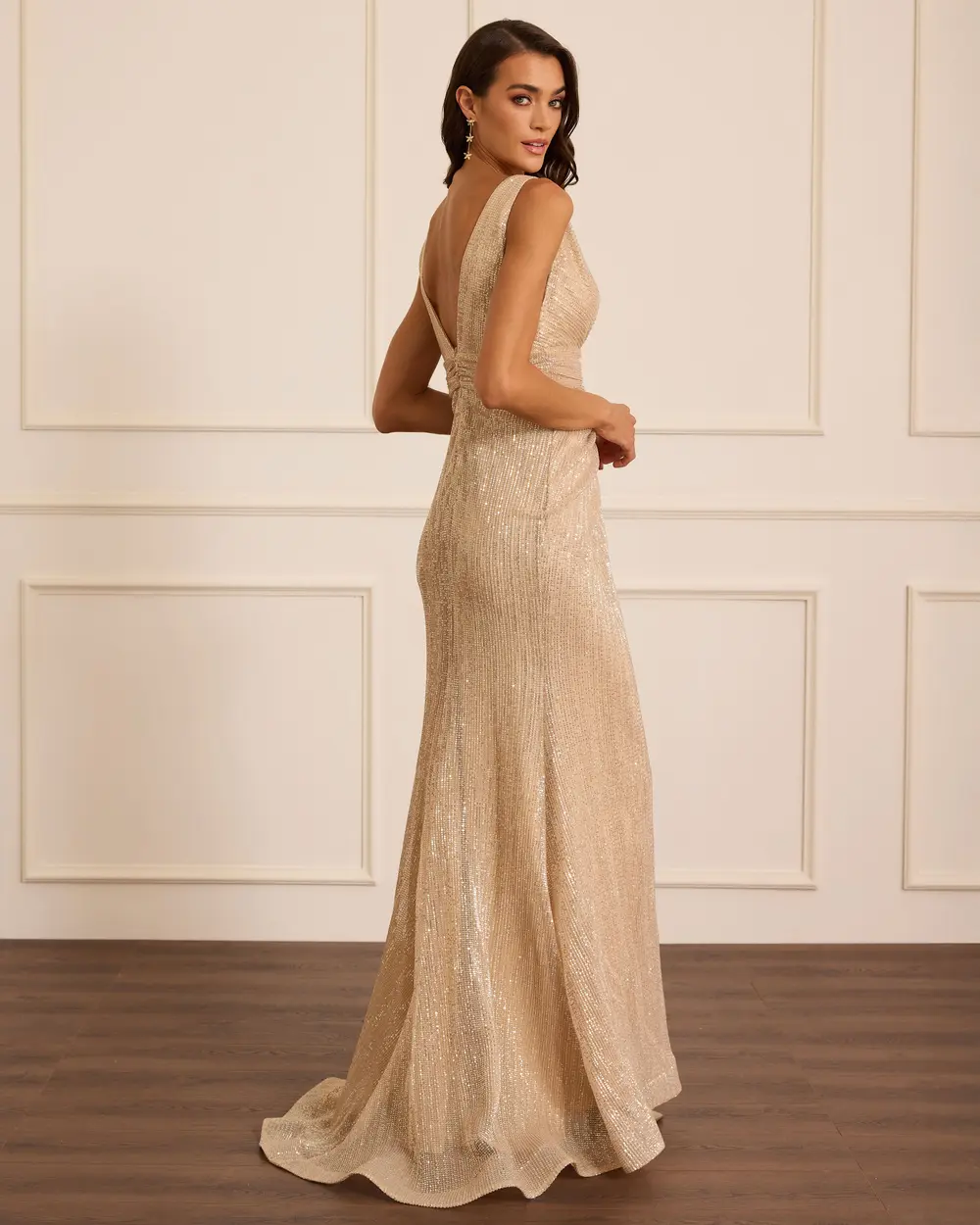 Draped V-Neck Sequin Evening Dress