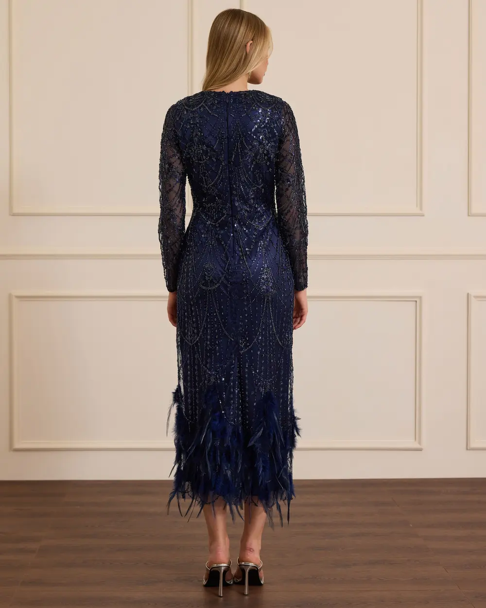 İşlemeli Tüy Detaylı Midi Abiye