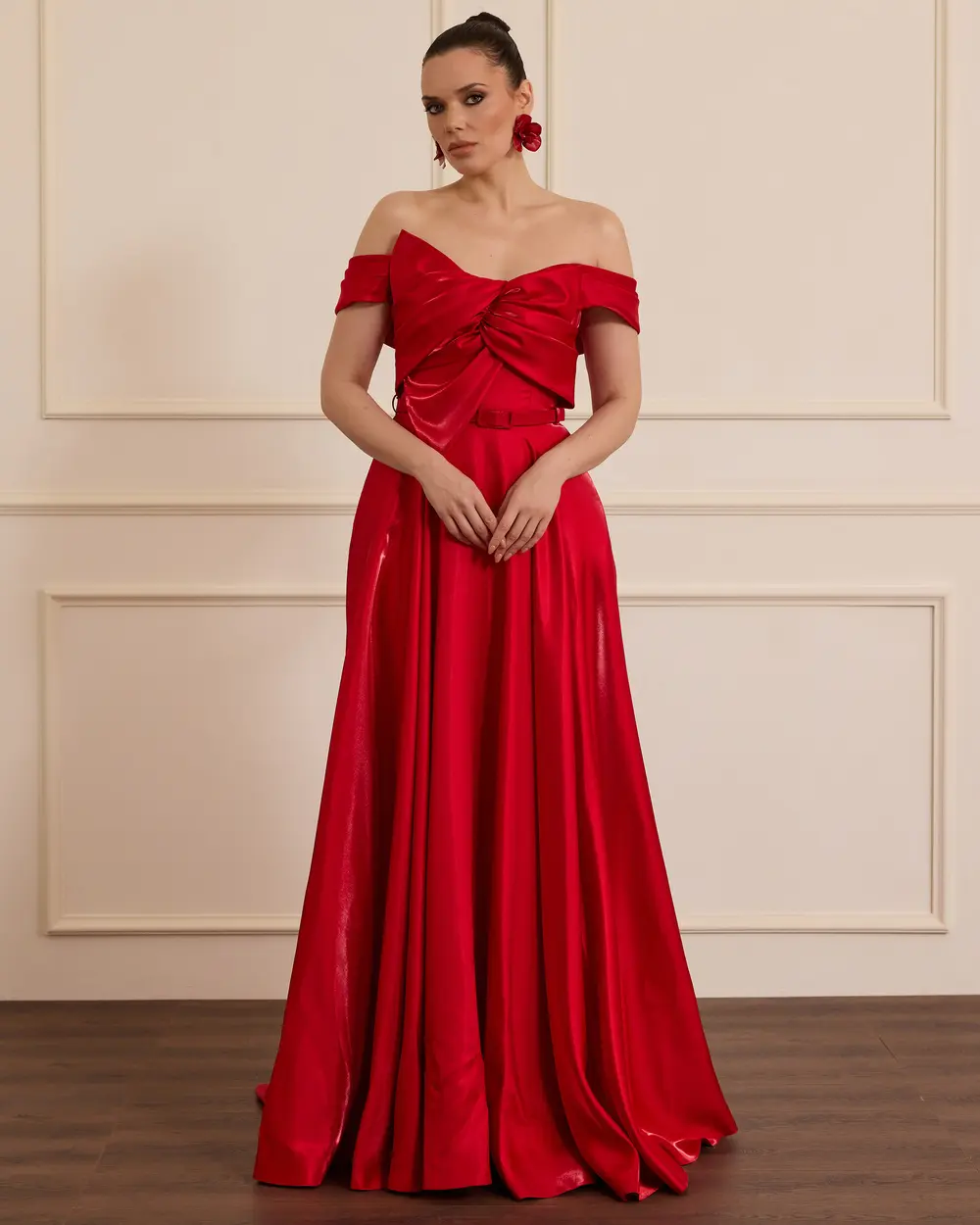 Kemerli Düşük Kol Cepli Jakar Abiye