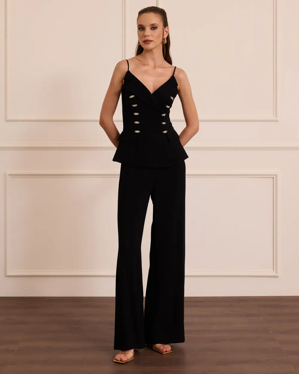 Red Stone Button-Detail Flared-Leg Evening Jumpsuit