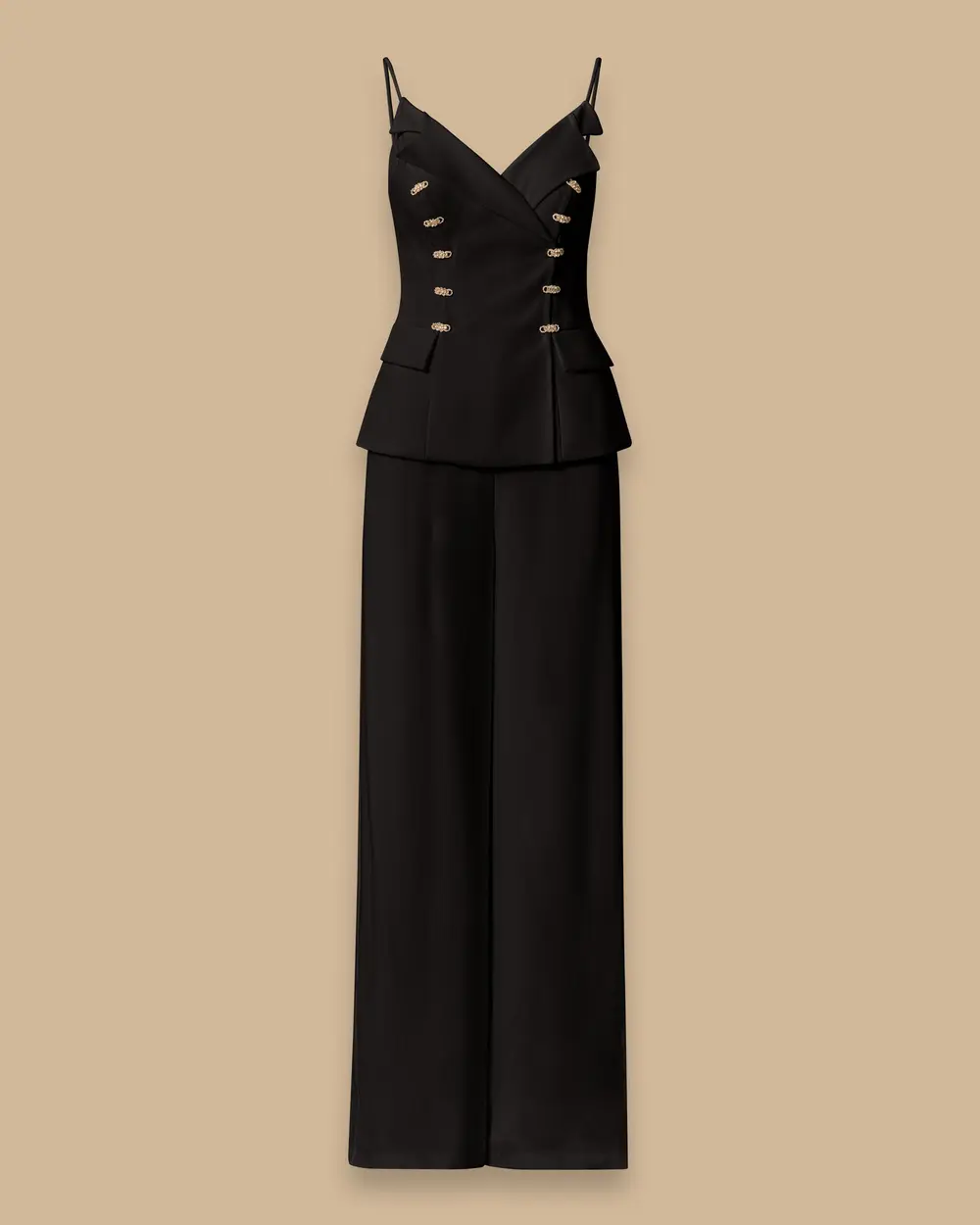 Red Stone Button-Detail Flared-Leg Evening Jumpsuit