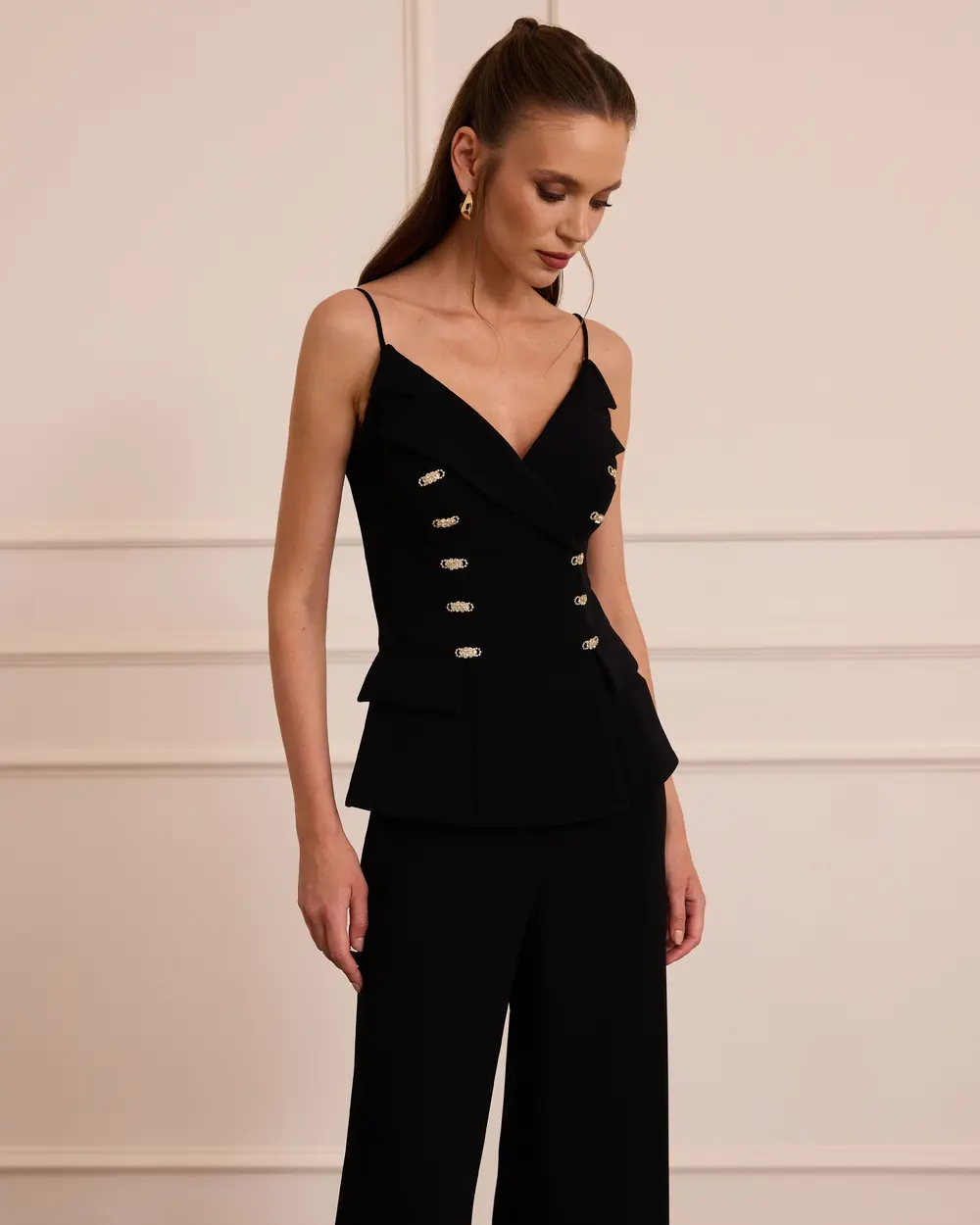 Red Stone Button-Detail Flared-Leg Evening Jumpsuit