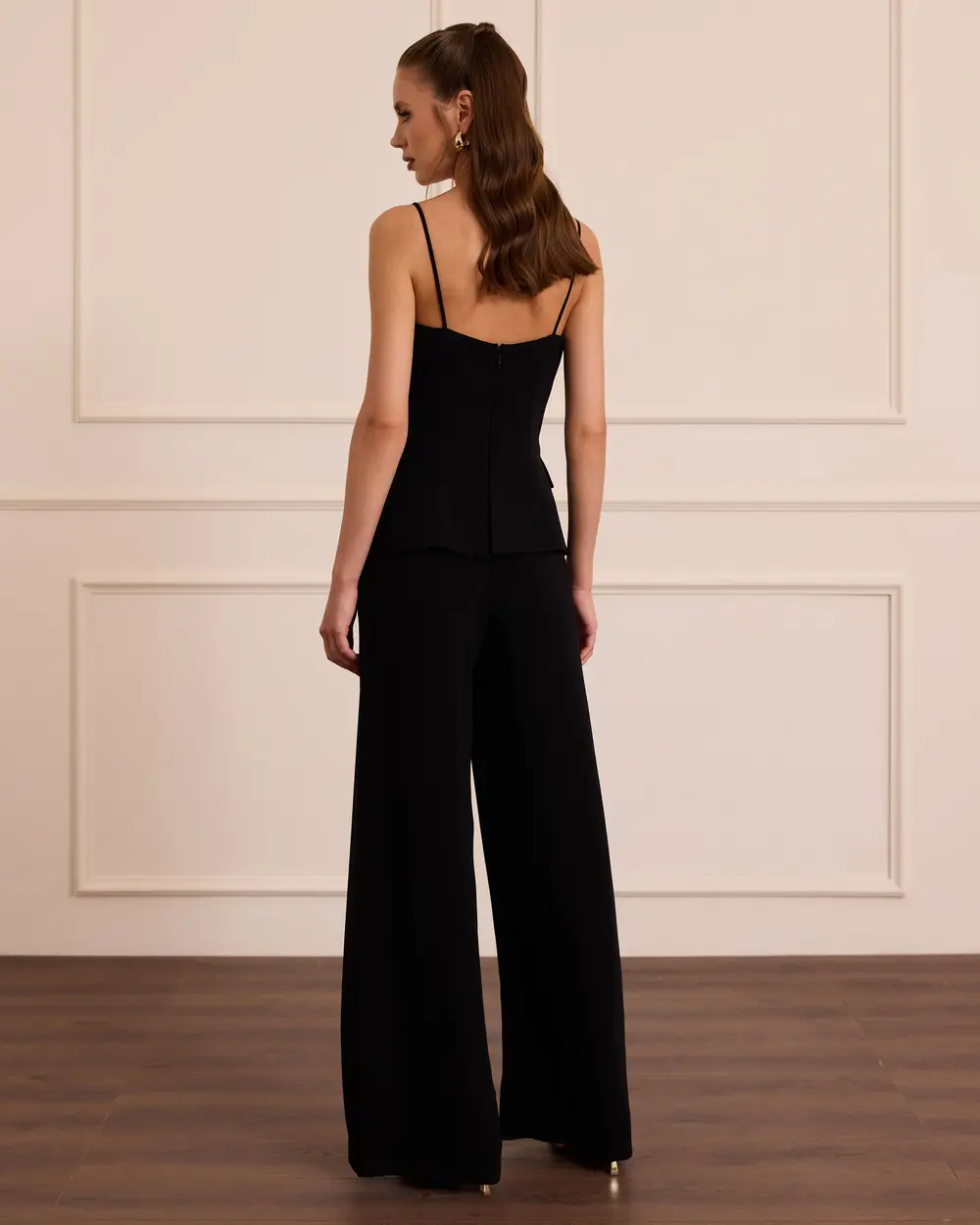 Red Stone Button-Detail Flared-Leg Evening Jumpsuit