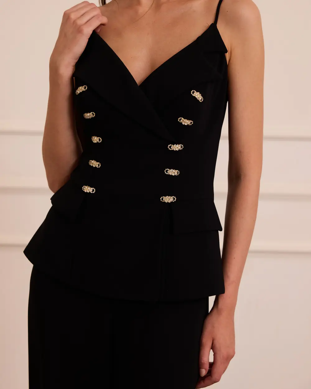 Red Stone Button-Detail Flared-Leg Evening Jumpsuit