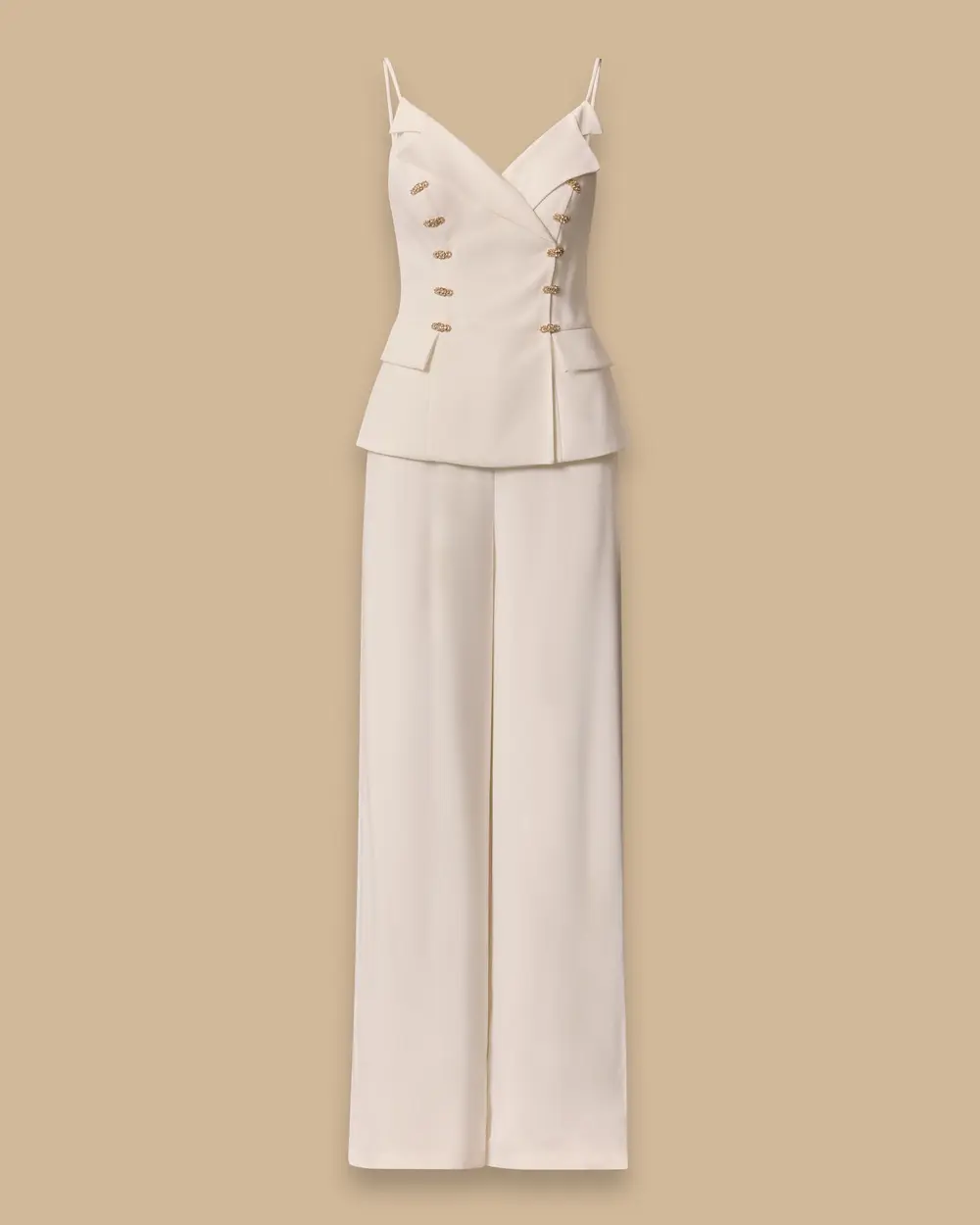 Red Stone Button-Detail Flared-Leg Evening Jumpsuit