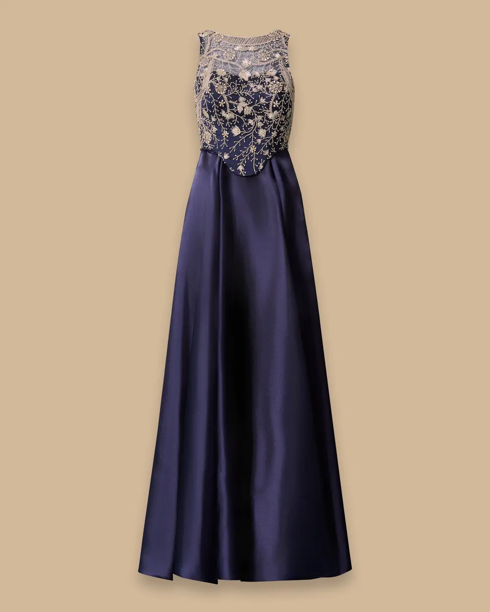 Stone Embroidered Satin Long Evening Dress