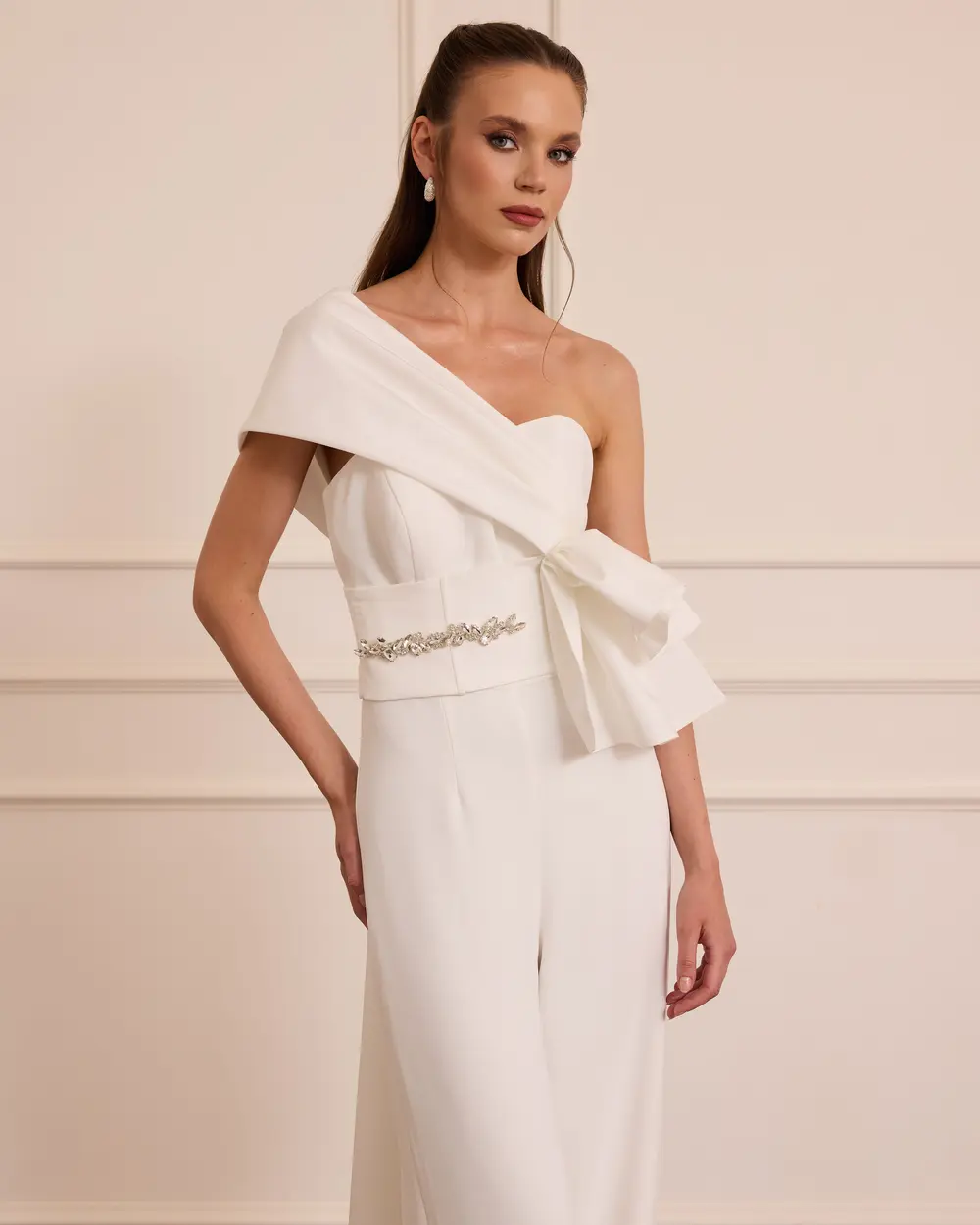One-Shoulder Evening Jumpsuit with Bow Detail