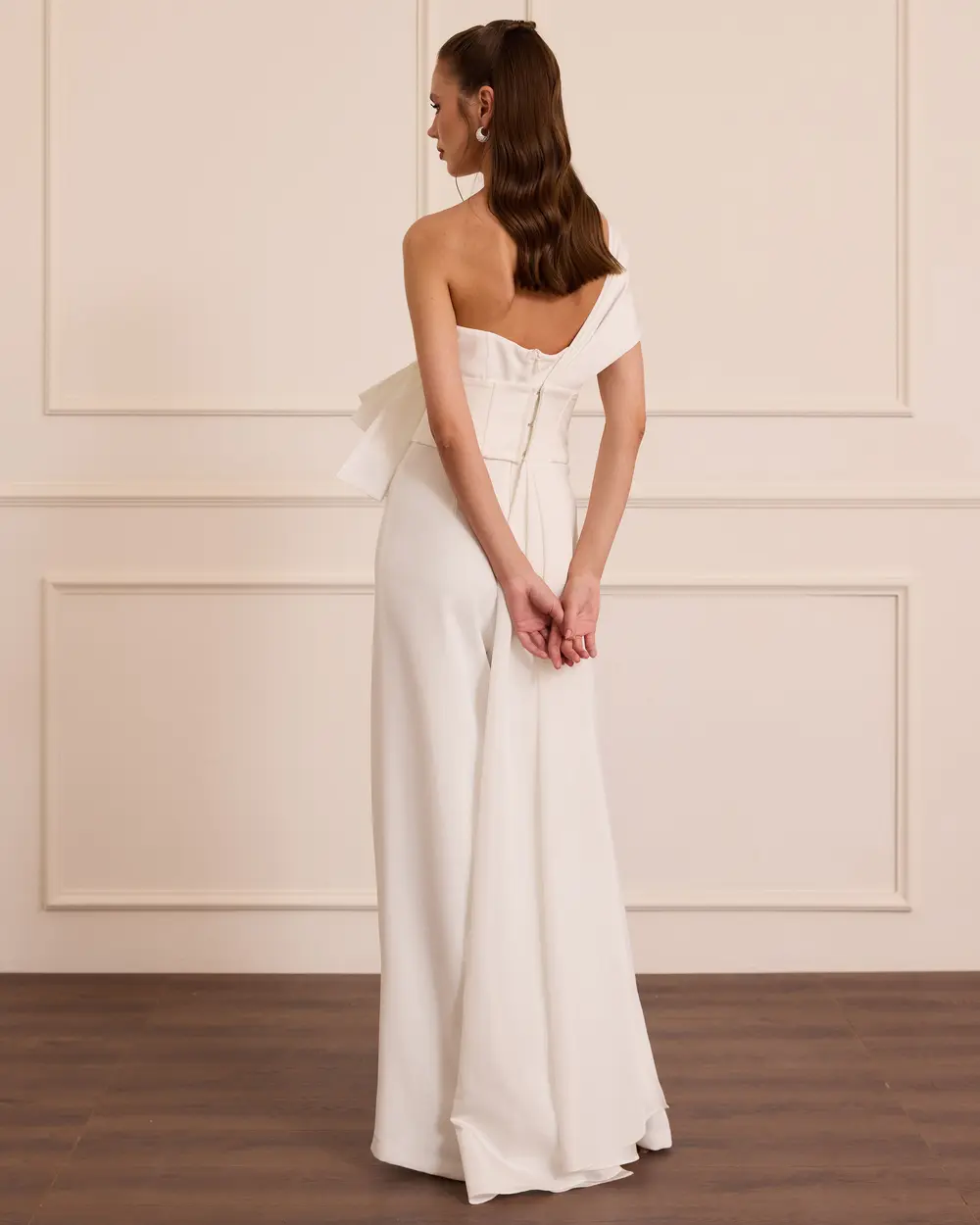 One-Shoulder Evening Jumpsuit with Bow Detail