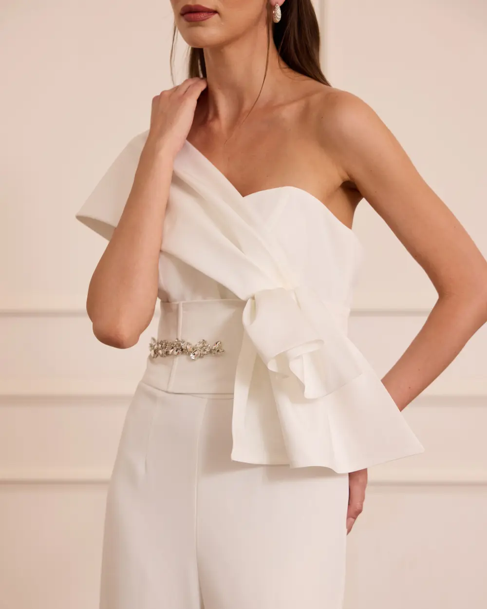 One-Shoulder Evening Jumpsuit with Bow Detail