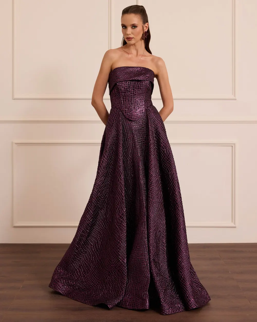 Strapless Textured Long Evening Dress