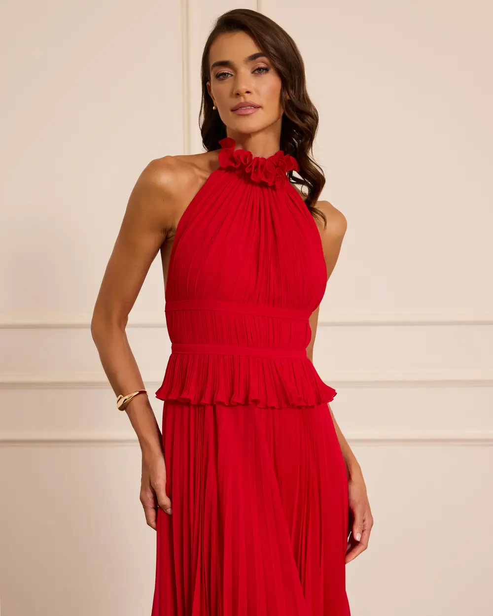 Neck-Tied, Pleated Evening Gown with an Open Back