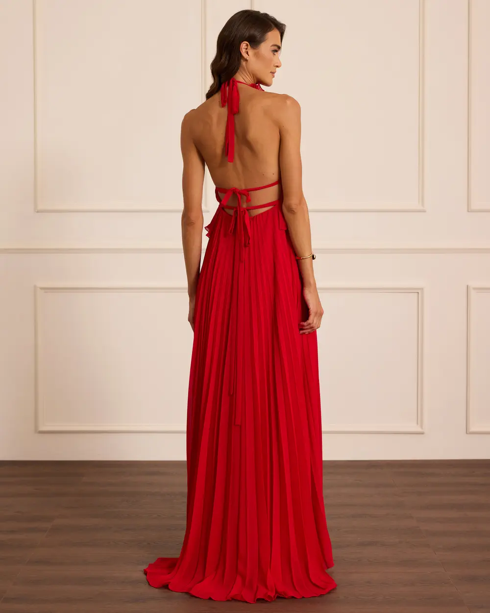 Neck-Tied, Pleated Evening Gown with an Open Back
