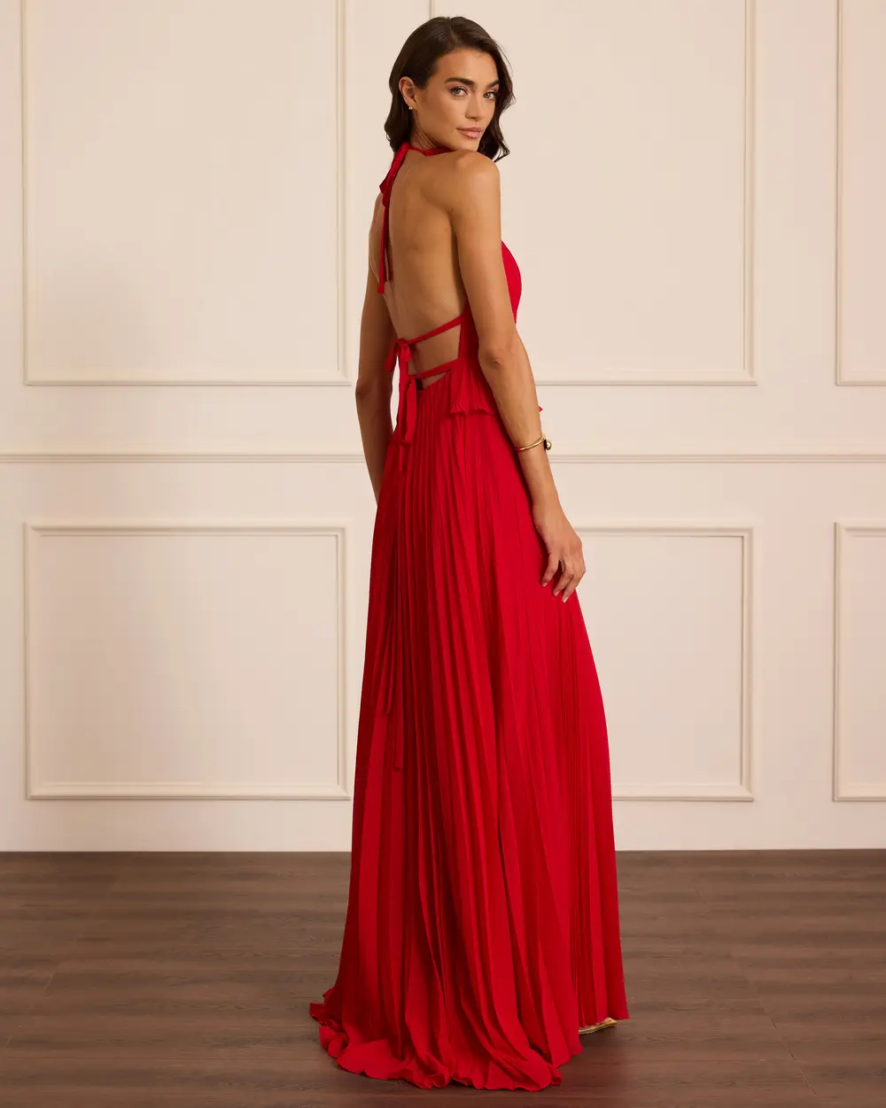 Neck-Tied, Pleated Evening Gown with an Open Back