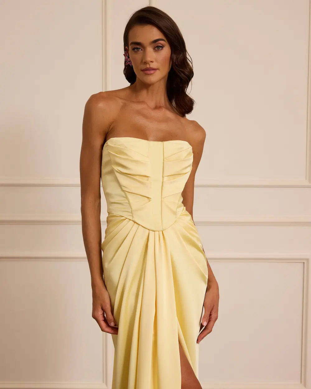 Korsajlı Straplez Drapeli Abiye