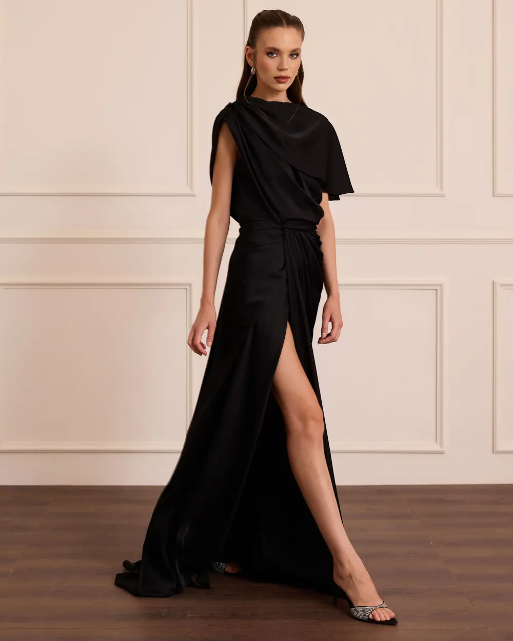 Draped Evening Dress with Detachable Collar