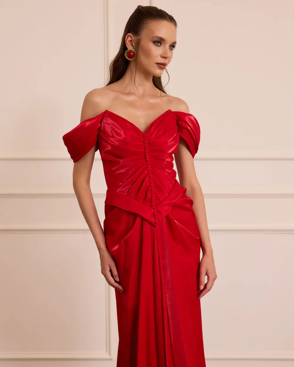 Shoulder Low Draped Long Evening Dress