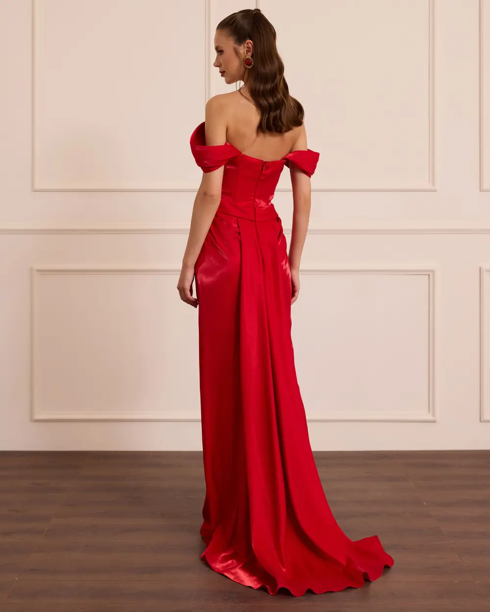 Shoulder Low Draped Long Evening Dress