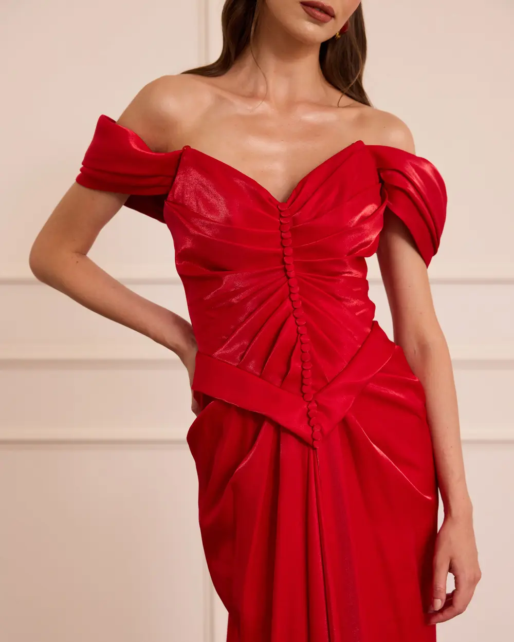 Shoulder Low Draped Long Evening Dress