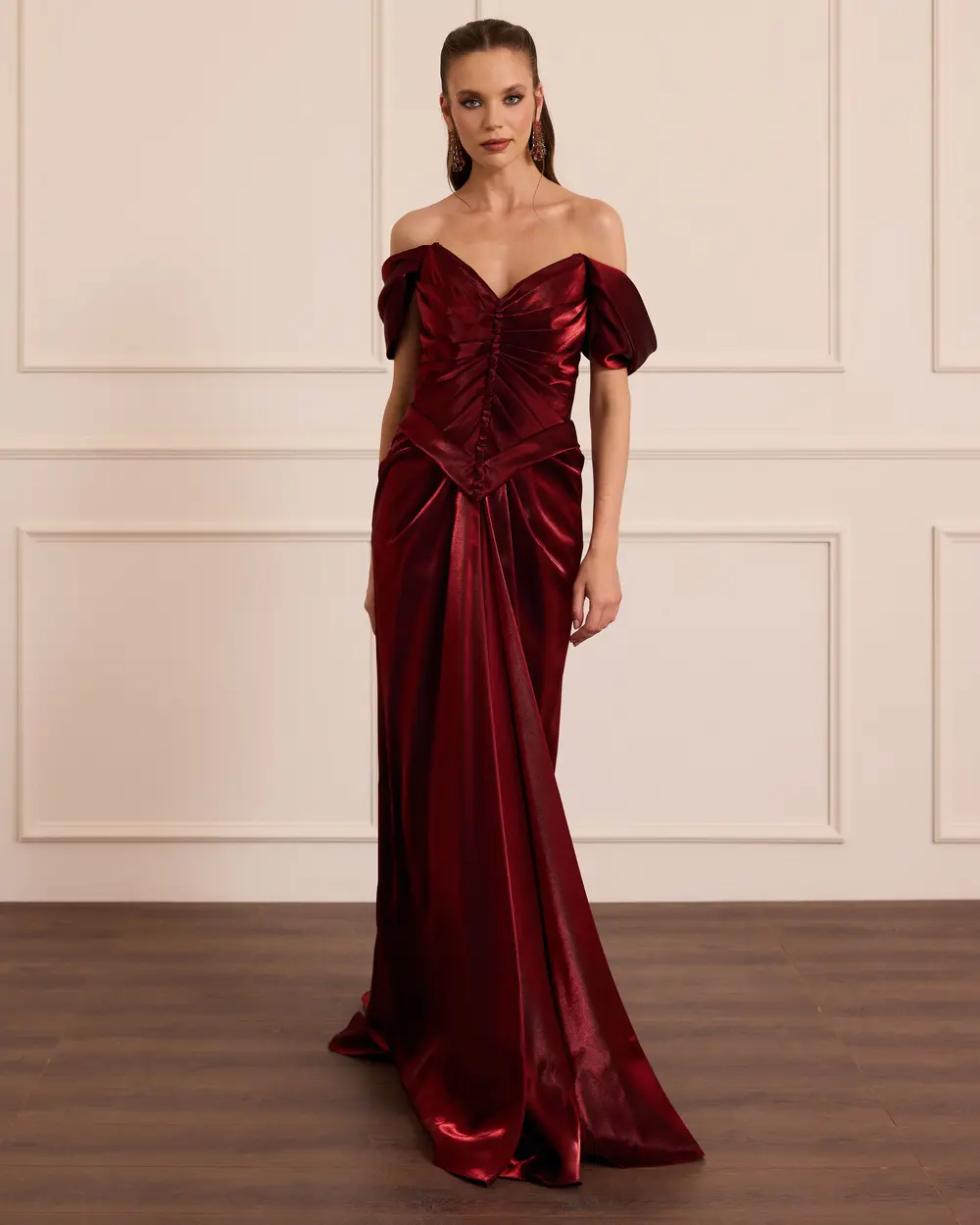 Shoulder Low Draped Long Evening Dress