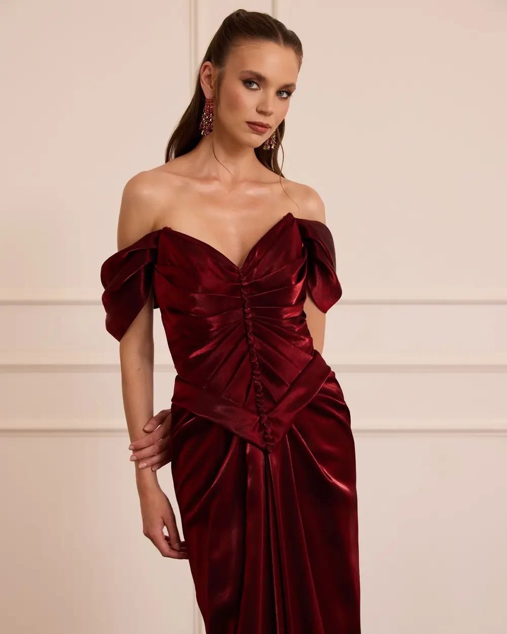 Shoulder Low Draped Long Evening Dress