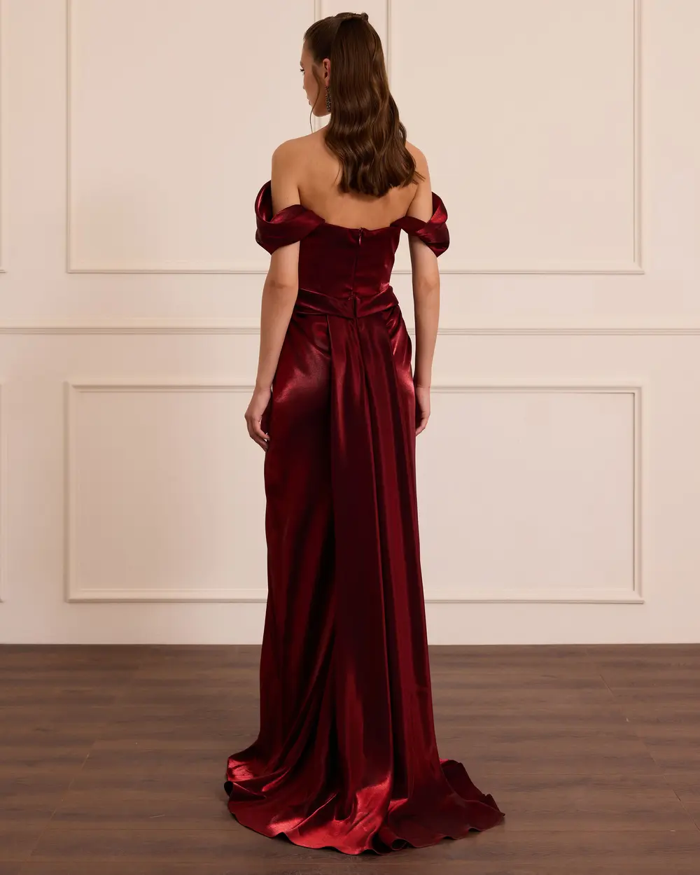 Shoulder Low Draped Long Evening Dress