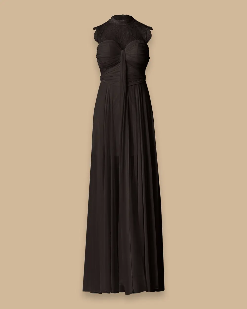 Long Evening Gown with Lace and Draped Bust Detail