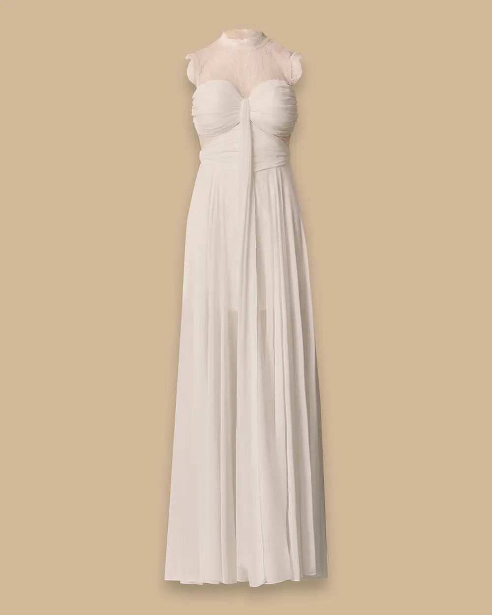 Long Evening Gown with Lace and Draped Bust Detail