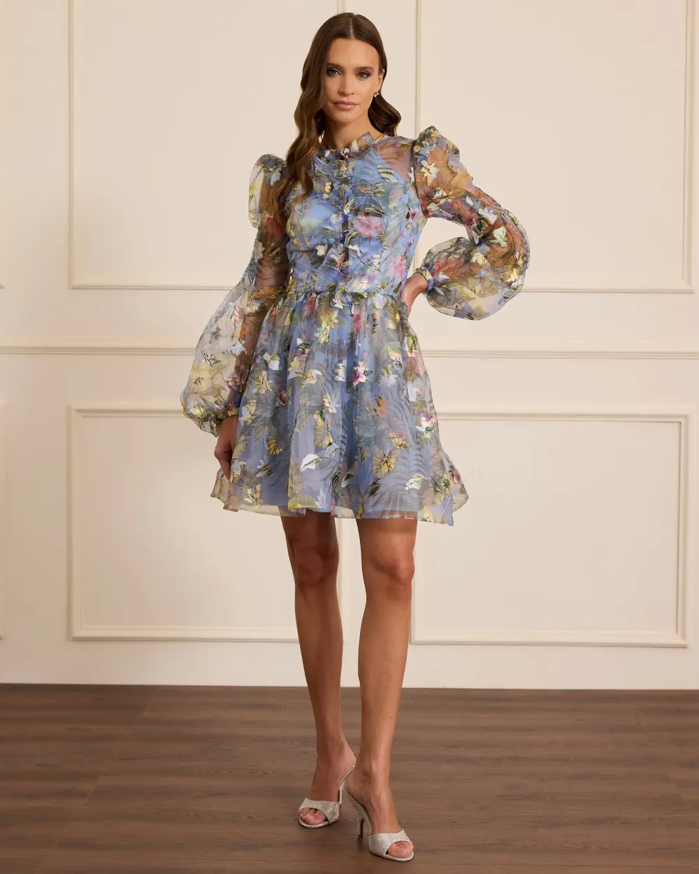 Çiçekli Uzun Kollu Mini Kloş Abiye