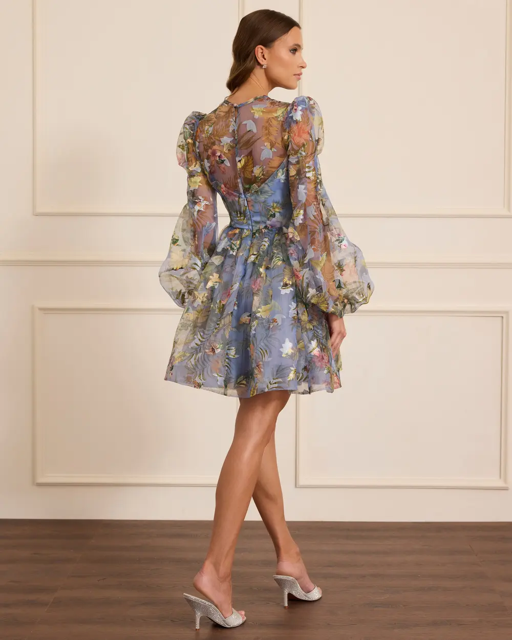 Çiçekli Uzun Kollu Mini Kloş Abiye