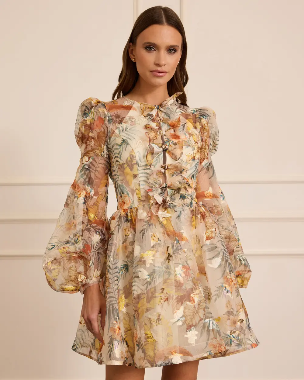 Çiçekli Uzun Kollu Mini Kloş Abiye