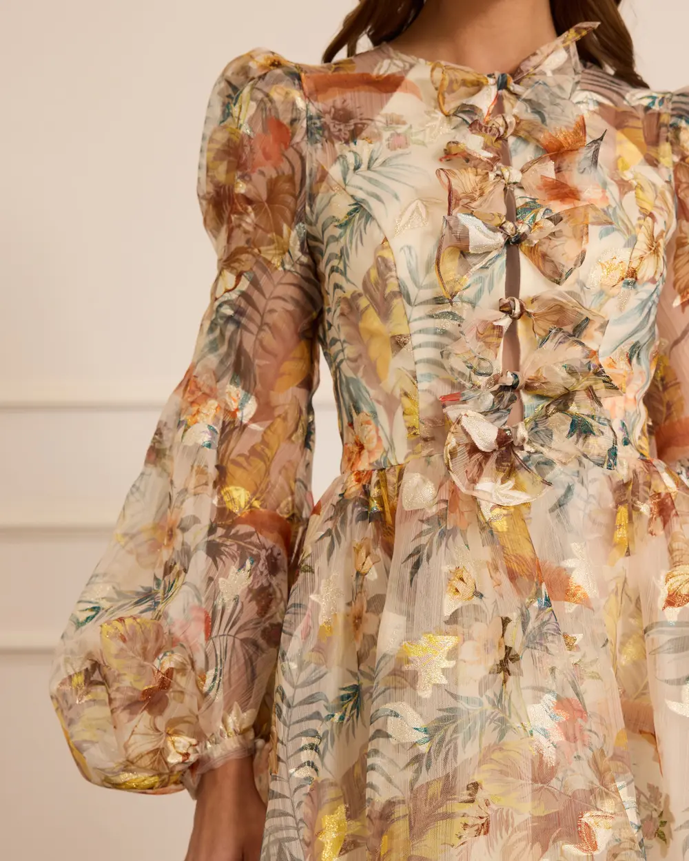 Çiçekli Uzun Kollu Mini Kloş Abiye