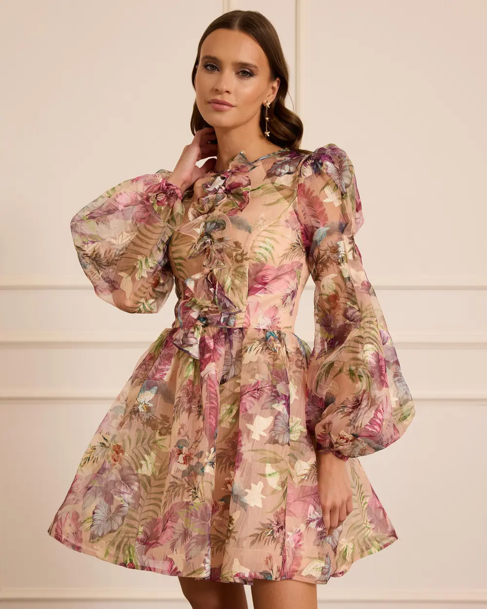 Çiçekli Uzun Kollu Mini Kloş Abiye