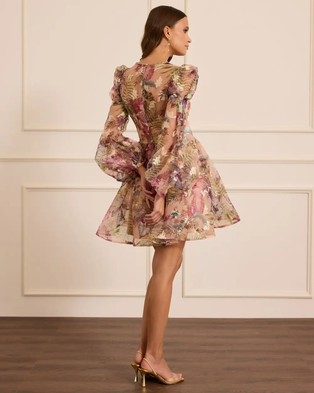 Çiçekli Uzun Kollu Mini Kloş Abiye