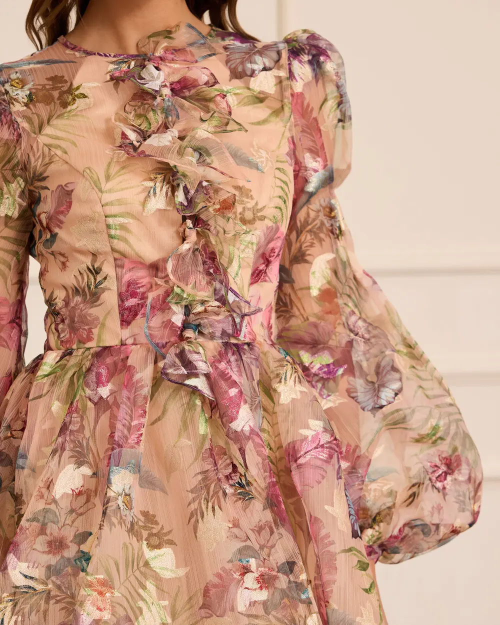 Çiçekli Uzun Kollu Mini Kloş Abiye