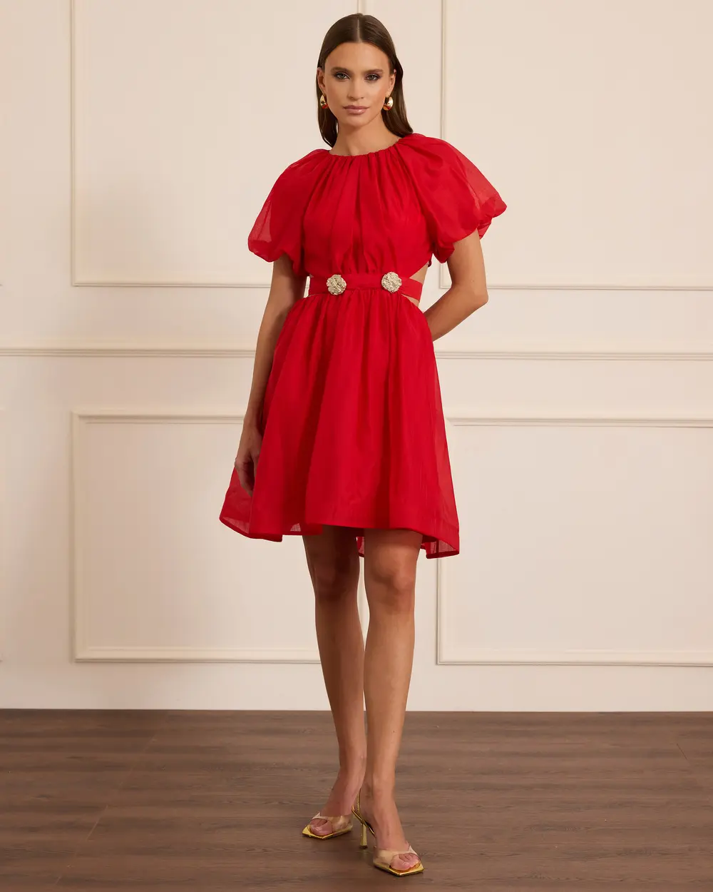 Pencere Detaylı Balon Kol Mini Abiye