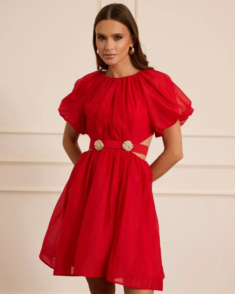 Pencere Detaylı Balon Kol Mini Abiye