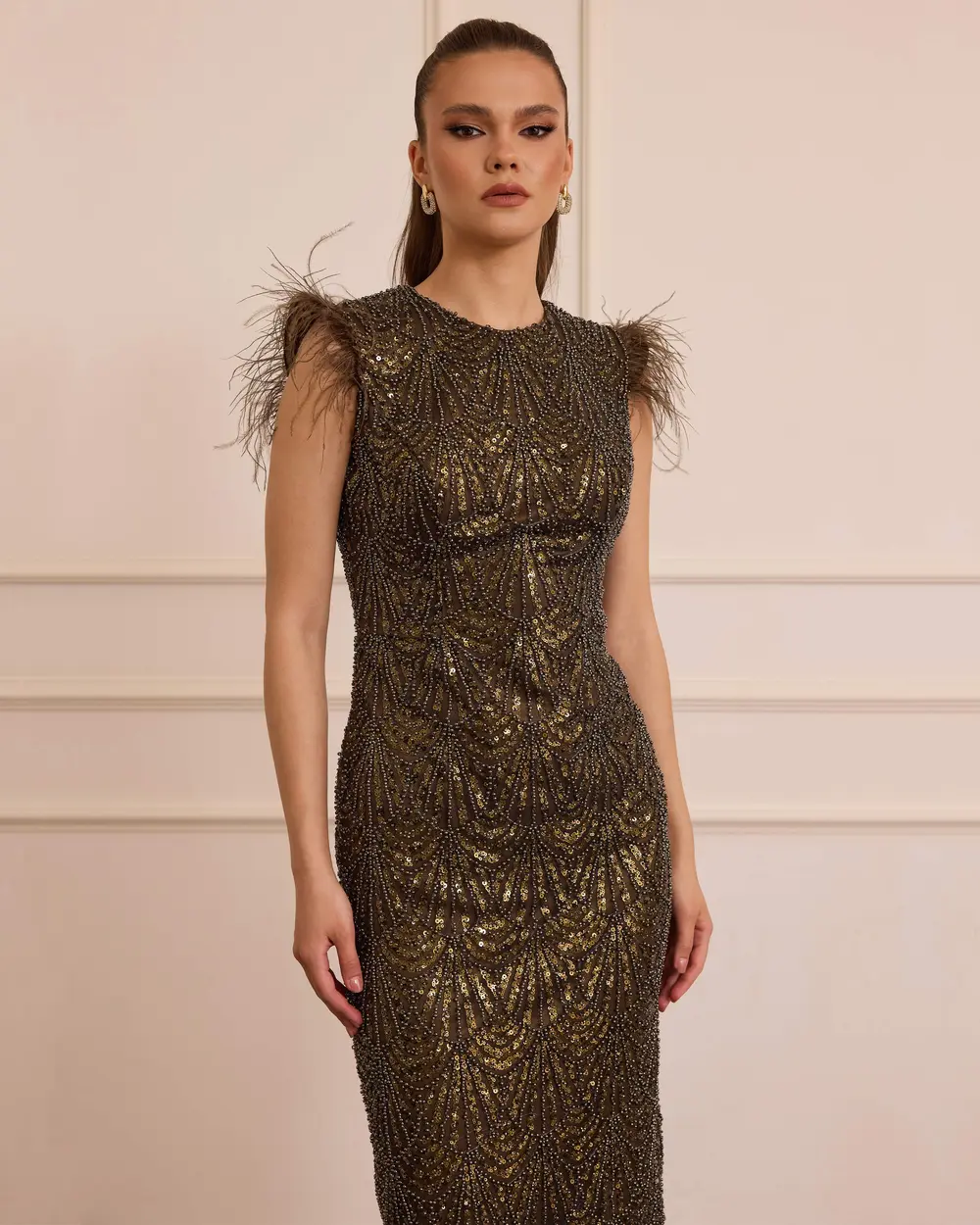 Feather Detailed Bead Embroidered Evening Dress