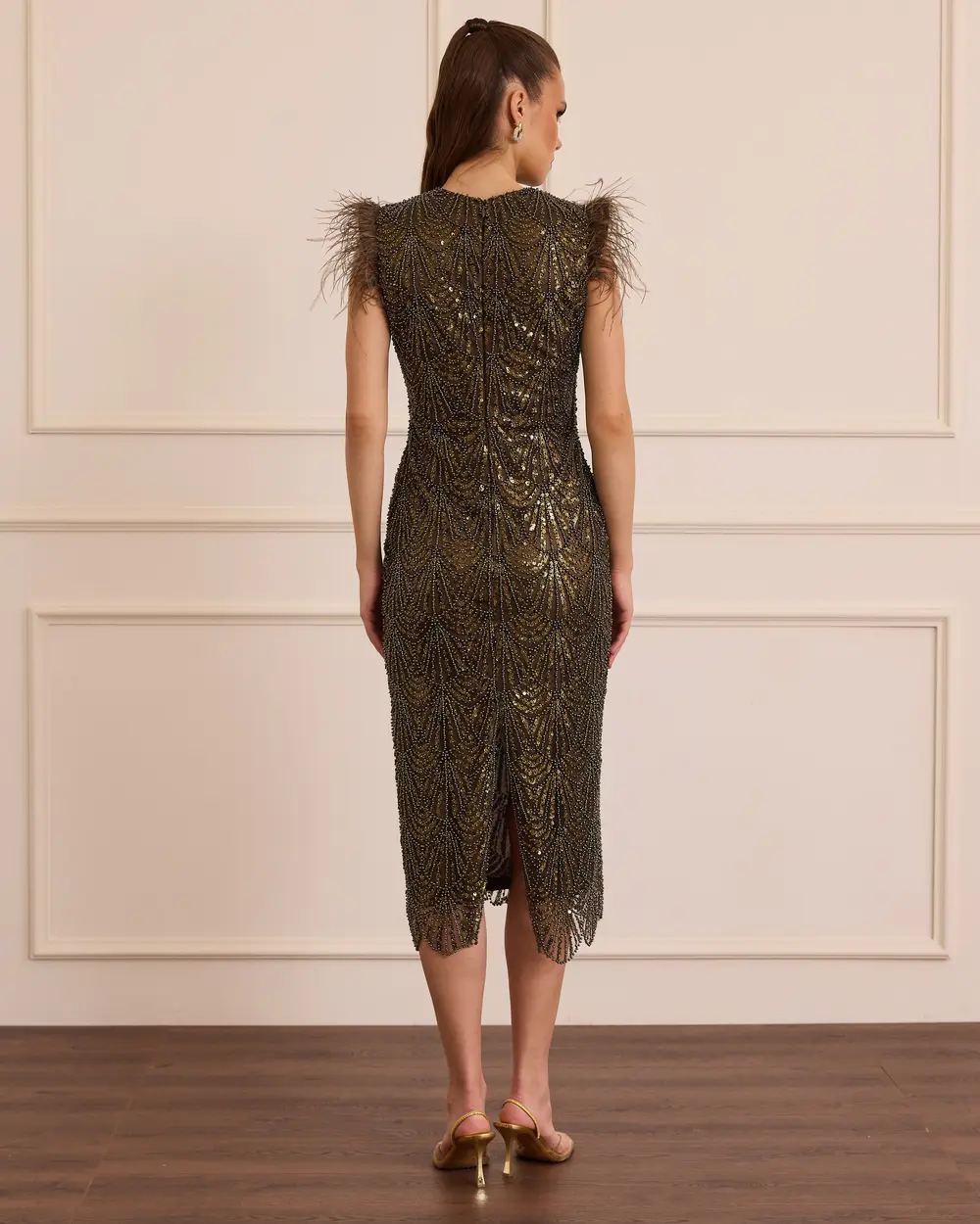 Feather Detailed Bead Embroidered Evening Dress