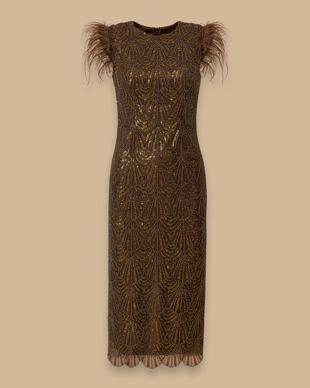 Feather Detailed Bead Embroidered Evening Dress