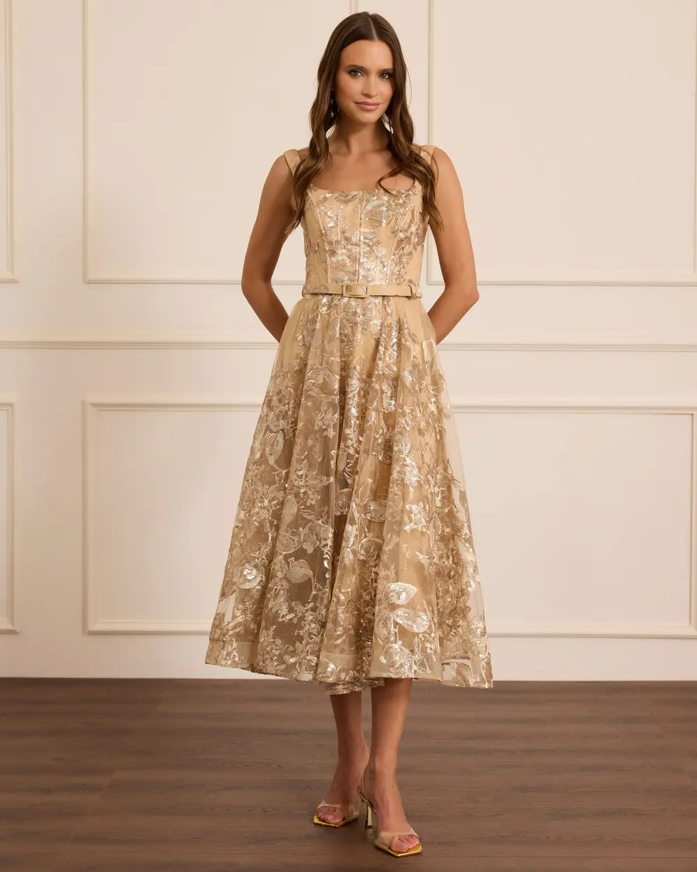 Kare Yaka Desenli Kemerli Abiye