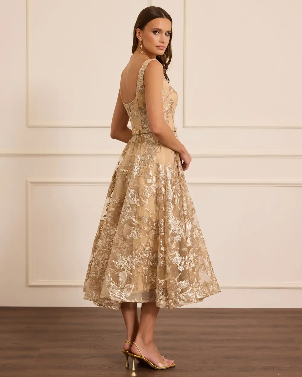 Kare Yaka Desenli Kemerli Abiye