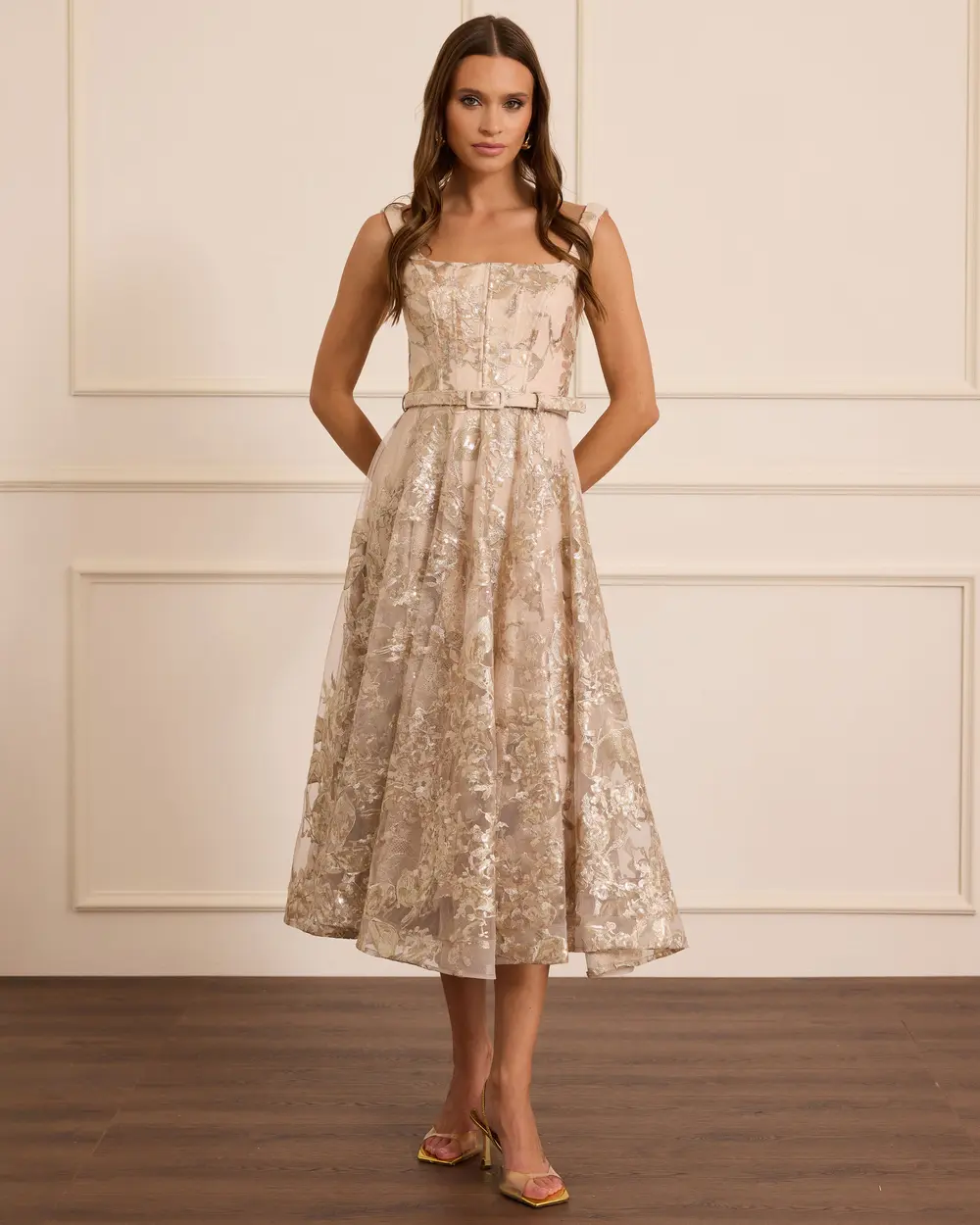 Kare Yaka Desenli Kemerli Abiye