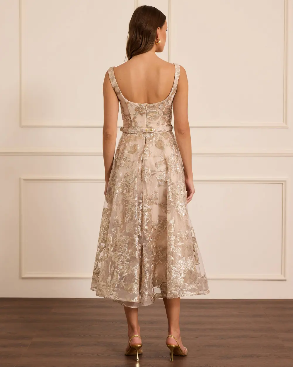 Kare Yaka Desenli Kemerli Abiye