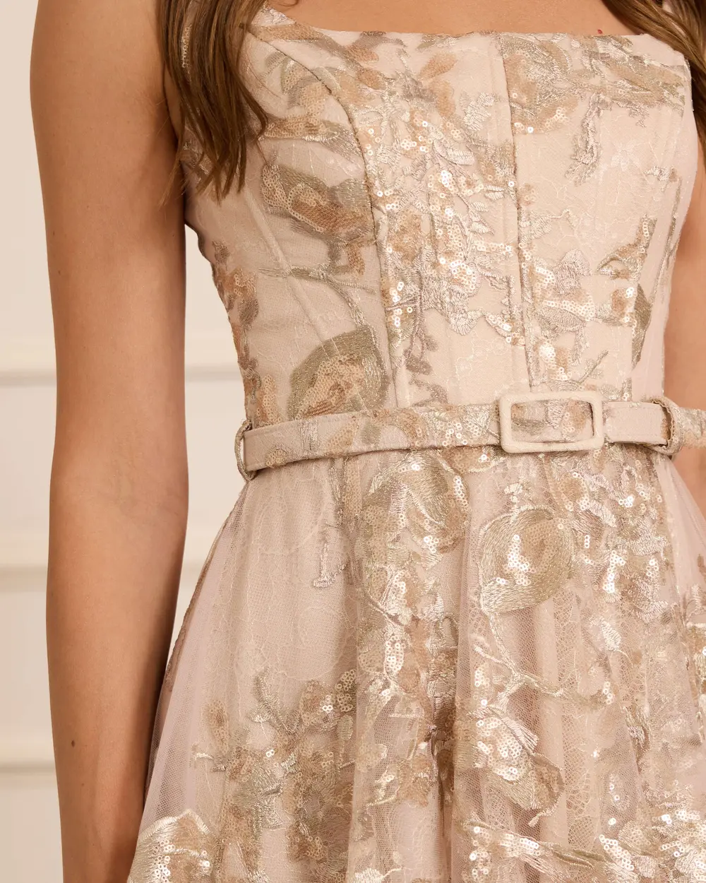 Kare Yaka Desenli Kemerli Abiye