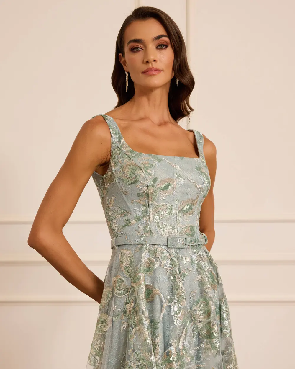 Kare Yaka Desenli Kemerli Abiye