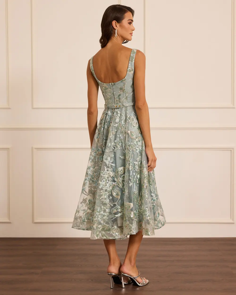 Kare Yaka Desenli Kemerli Abiye